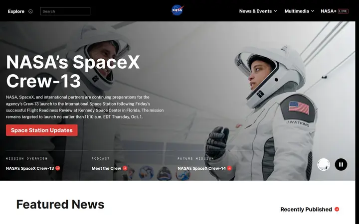 Homepage capture of NASA