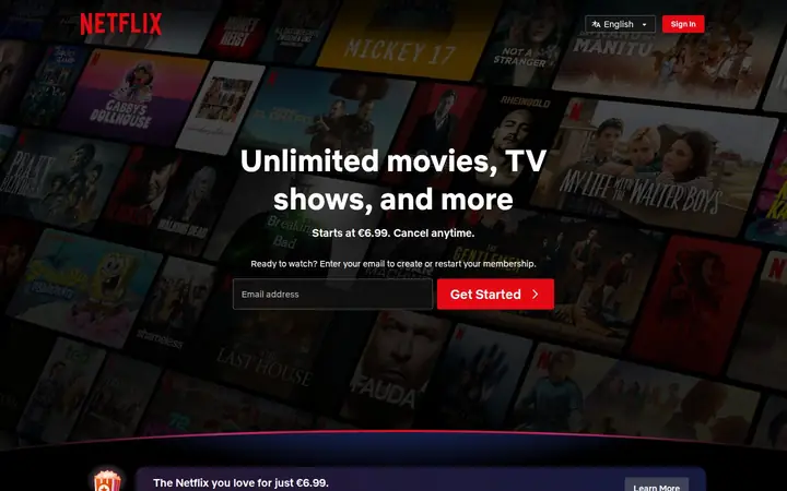 Homepage capture of Netflix